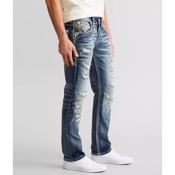 NWOT ROCK REVIVAL MEN'S JEANS 36 Garrick Slim Straight Stretch DESTROYED - Picture 2 of 16